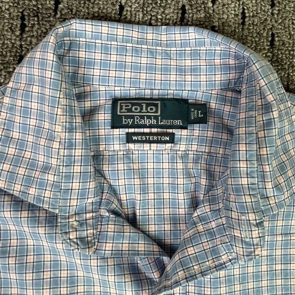 Polo Ralph Lauren Westerton Plaid Check Mens Long Sleeve Large L Blue Pink White